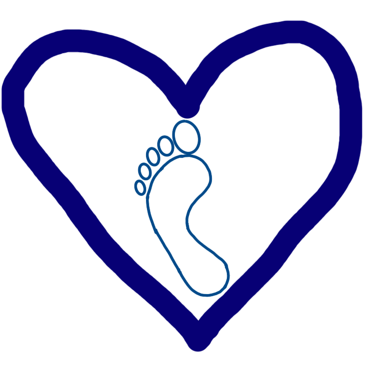 A light blue foot print with a dark blue heart around it.